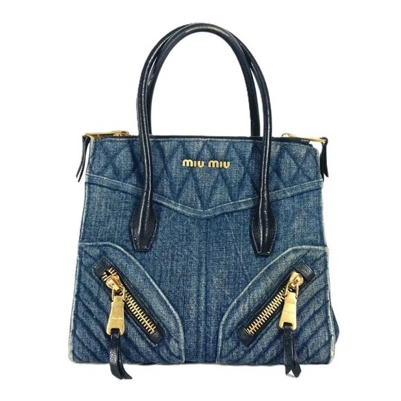 MIUMIU Logo Biker Bag Hand Bag Tote Bag Denim / Leather blue